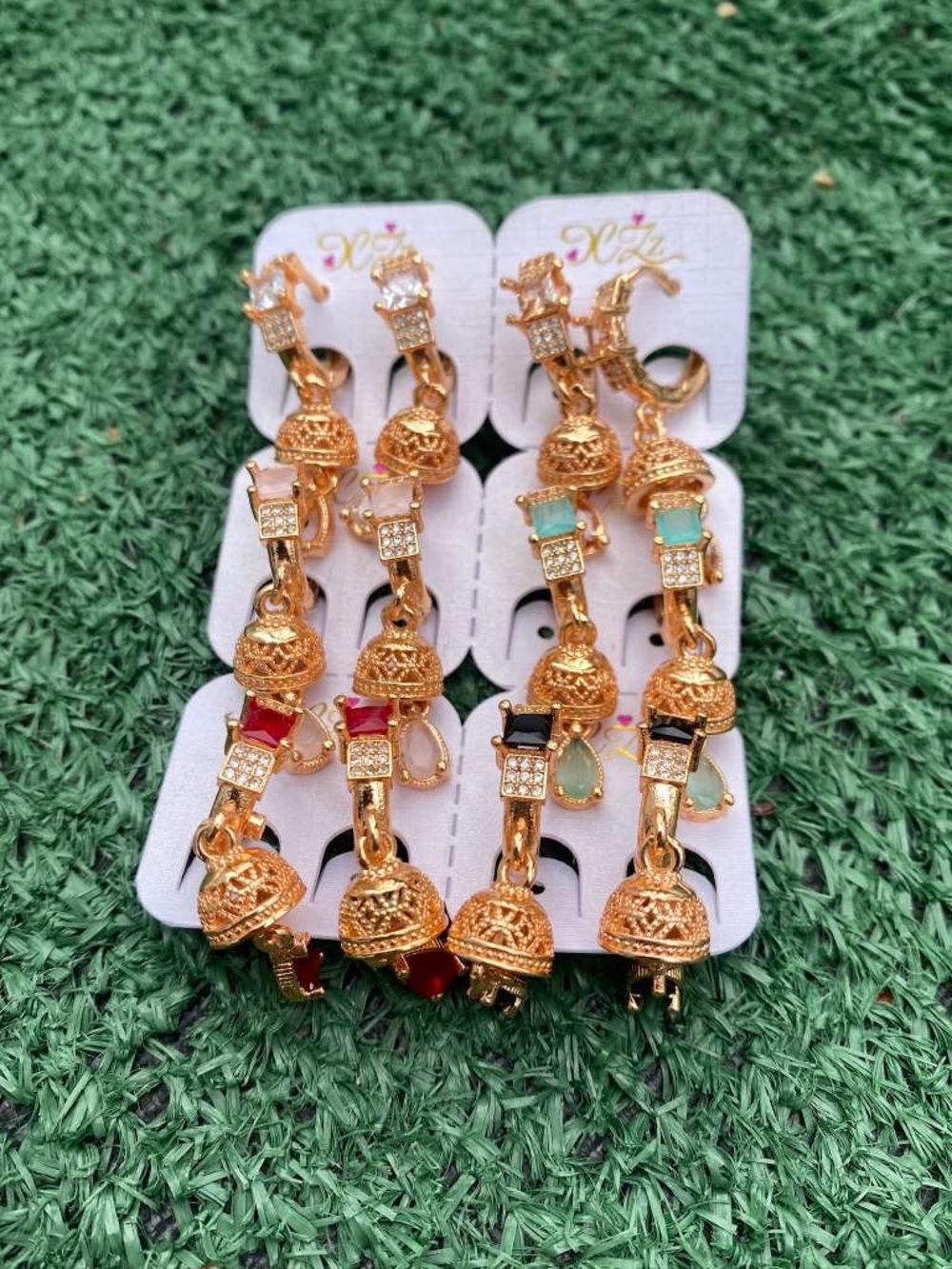 Gold-Tone Dangler Earrings with Colored Gem Accents